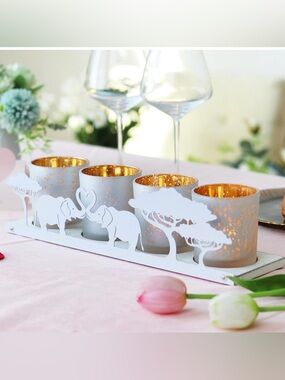 Couple Wedding, Elephant Votive Tealight Candle Holders with Wooden Tray,